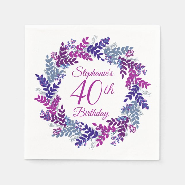Serviette En Papier Élégante couronne violette rose 40e anniversaire (Devant)