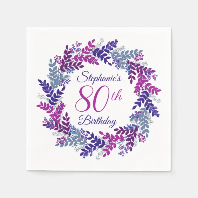 Serviette En Papier Élégante couronne violette rose 80e anniversaire (Devant)