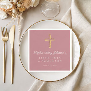 Serviette En Papier Élégante Croix religieuse rose Première communion 