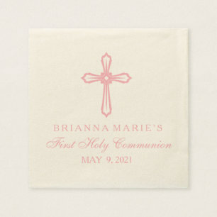 Serviette En Papier Élégante Croix rose Première communion Personnalis
