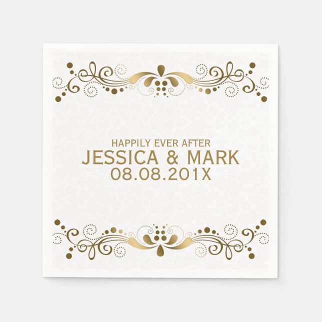 Serviette En Papier Elégante dentelle d'or floral avec Damas blancs 2 (Devant)