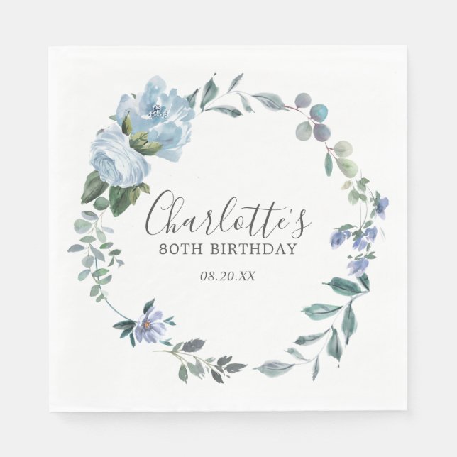 Serviette En Papier Elégante Dusty Blue Floral 80e Anniversaire Person (Devant)