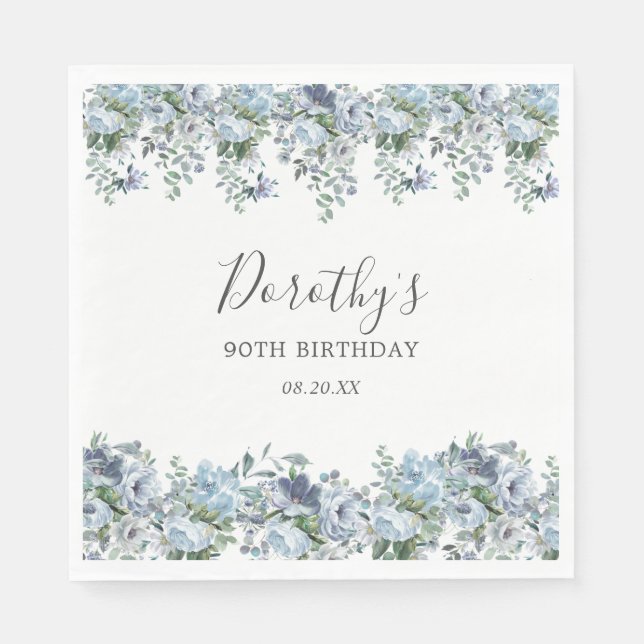 Serviette En Papier Elégante Dusty Blue Floral 90e Anniversaire Person (Devant)
