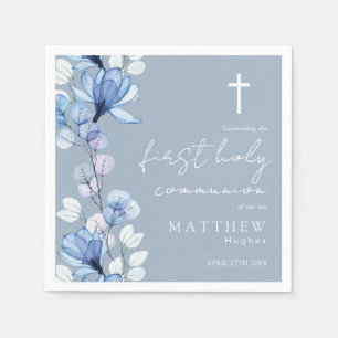 Serviette En Papier Elégante Dusty Blue Floral Première Communion Sain