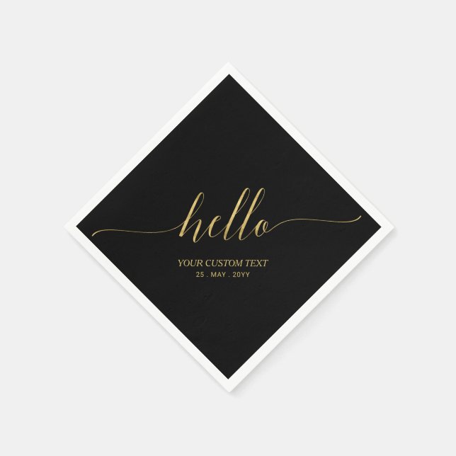 Serviette En Papier Élégante écriture script Or & Noir Lettre Hello Pa (Coin)
