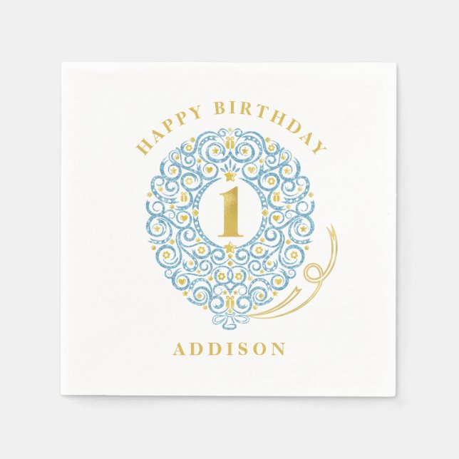 Serviette En Papier Elégante Faux Foil Lacy Balloon 1er anniversaire (Devant)