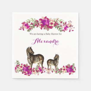 Serviette En Papier Élégante fête de Baby shower floral rose Zebra