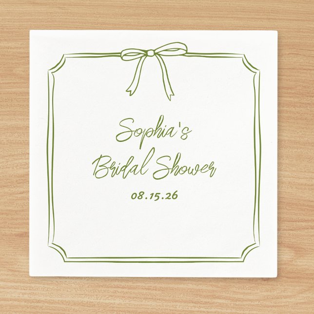 Serviette En Papier Élégante Fête des mariées de Bow classique simple  (Customize these olive green napkins for a bridal shower—adding a refined touch to your celebration.)