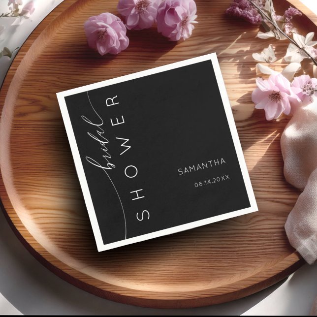 Serviette En Papier Elégante Fête des mariées de script noir et blanc (Créateur téléchargé)