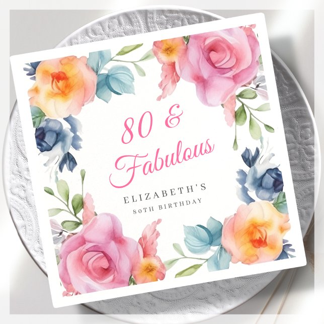Serviette En Papier Elégante fête florale 80e anniversaire (Créateur téléchargé)