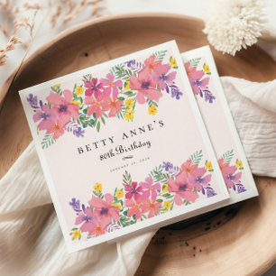 Serviette En Papier Élégante fête florale rose pourpre 80e anniversair