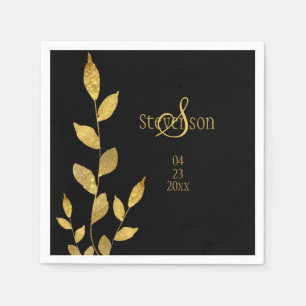 Serviette En Papier Elégante feuille d'or noir moderne Mariage Monogra