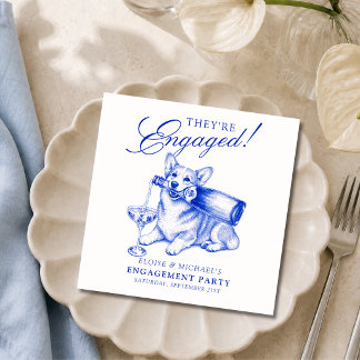 Serviette En Papier Élégante Fiançailles Corgi Chinoiserie Bleue