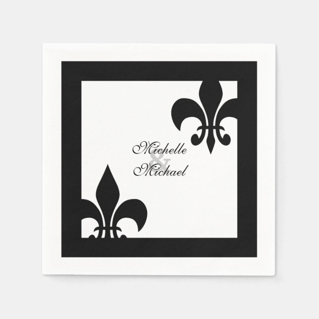 Serviette En Papier Élégante Fleur de Lis Mariage noir blanc (Devant)