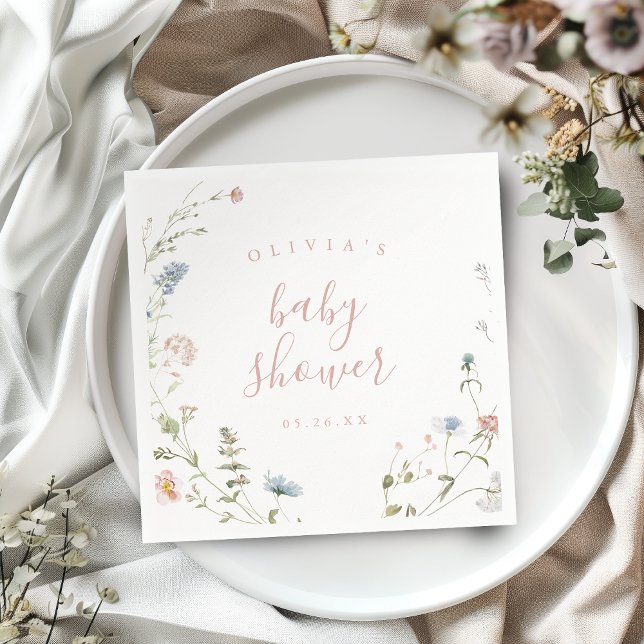 Serviette En Papier Élégante Fleur Sauvage Rose Fête de Naissance Bohè (Elegant Pink Wildflower Rustic Boho Baby Shower Napkins)