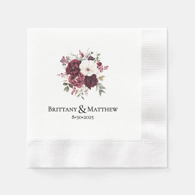 Serviette En Papier Elégante Fleurs Bourgogne Mariage personnalisé (Devant)