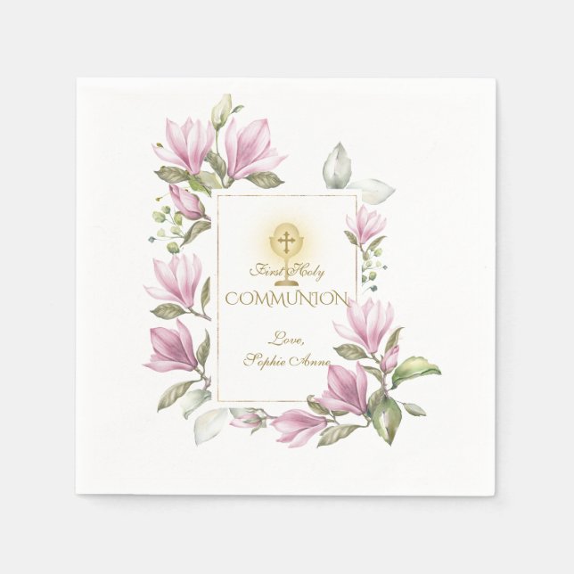 Serviette En Papier Elégante Fleurs Magnolia Or Première Communion Sai (Devant)