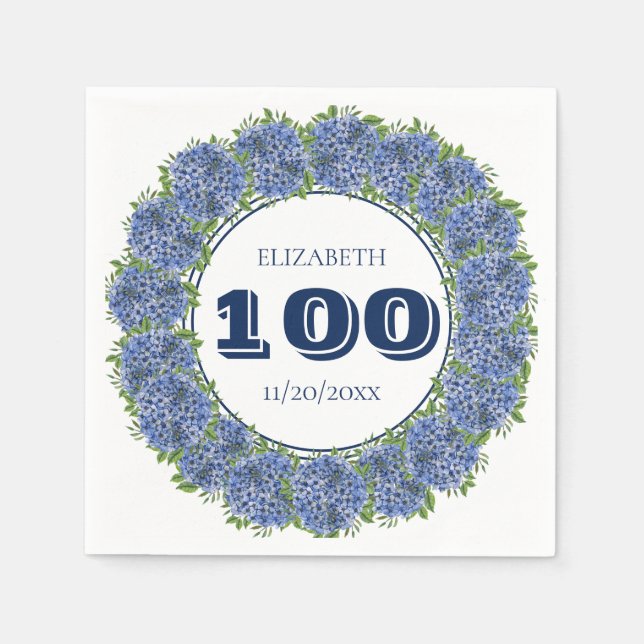 Serviette En Papier Elégante Floral Blue Hydrangea 100e fête d'anniver (Devant)