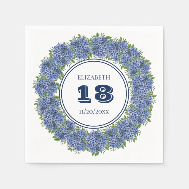 Serviette En Papier Elégante Floral Blue Hydrangea 18e fête d'annivers (Devant)