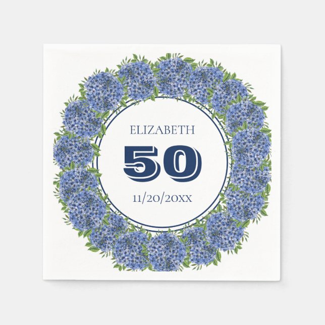 Serviette En Papier Elégante Floral Blue Hydrangea 50e fête d'annivers (Devant)