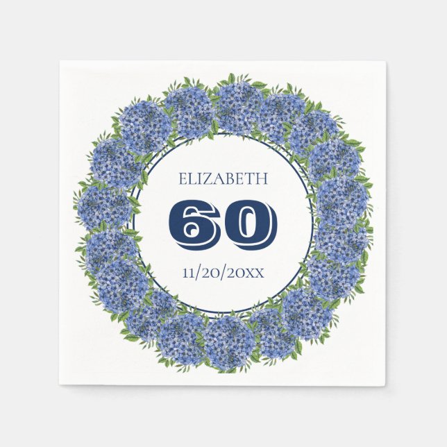 Serviette En Papier Elégante Floral Blue Hydrangeas 60ème anniversaire (Devant)