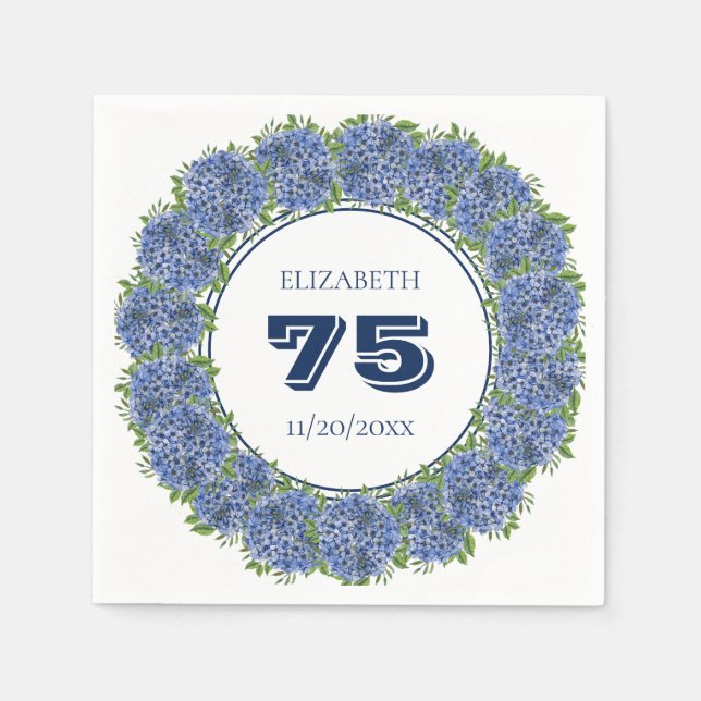 Serviette En Papier Elégante Floral Blue Hydrangeas 75ème anniversaire (Devant)