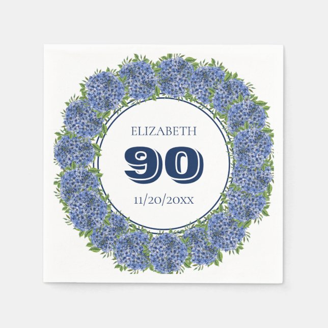 Serviette En Papier Elégante Floral Blue Hydrangeas 90ème anniversaire (Devant)