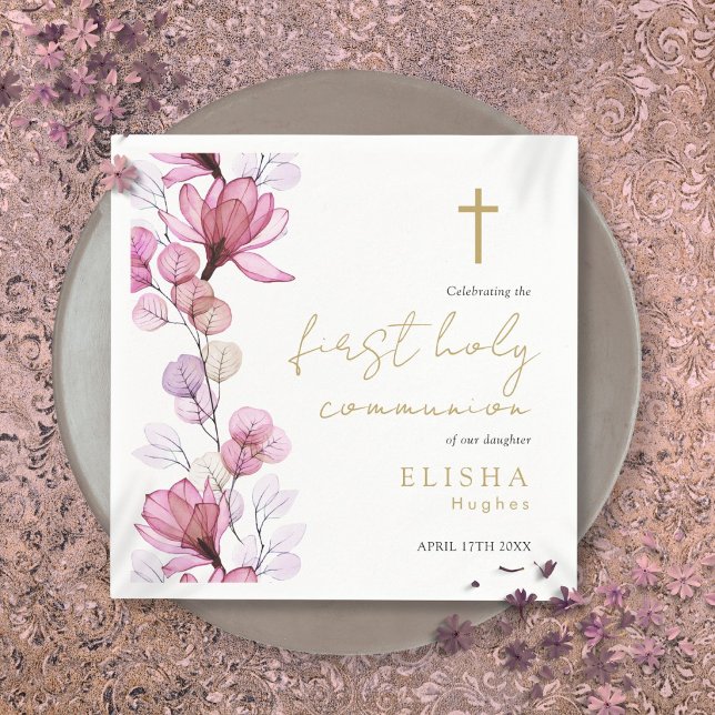 Serviette En Papier Élégante florale rose Première communion sainte (Elegant Pink Floral First Holy Communion Napkins)
