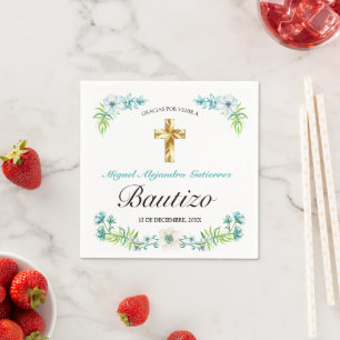 Serviette En Papier Elegante Flores y Cruz Para Niño Bautizo
