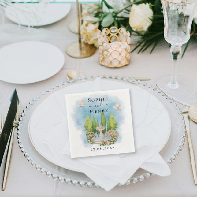 Serviette En Papier Elégante Fontaine | fleurs colombes Mariage Luxe (Créateur téléchargé)