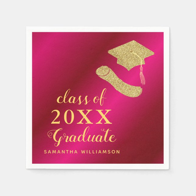 Serviette En Papier Élégante Girly Hot Pink et Gold 2025 Graduation (Devant)