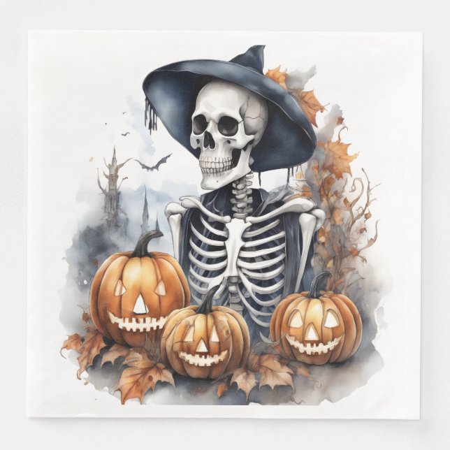 Serviette En Papier Elégante Halloween Aquarelle Squelette (Devant)