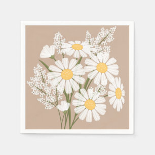 Serviette En Papier Elégante marguerite florale blanche sur beige