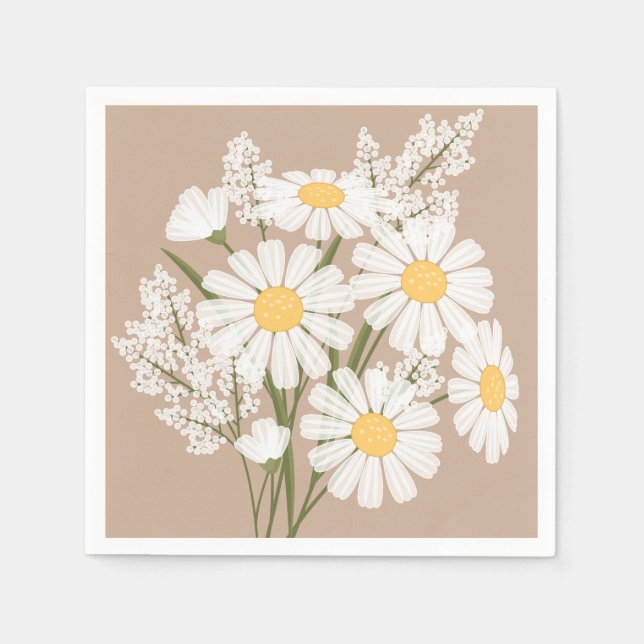 Serviette En Papier Elégante marguerite florale blanche sur beige (Devant)
