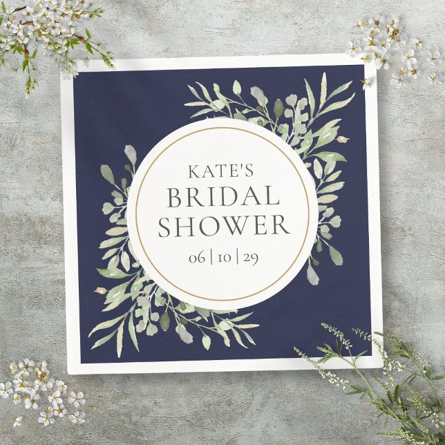 Serviette En Papier Elégante Marine Blue Gold Fête des mariées de verd (Elegant Navy Blue Gold Greenery Bridal Shower Napkins)