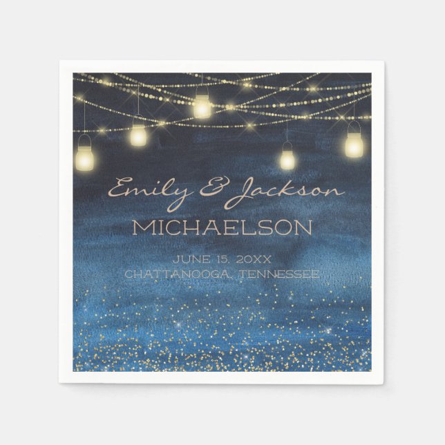 Serviette En Papier Élégante Marine Blue Gold String lanternes (Devant)