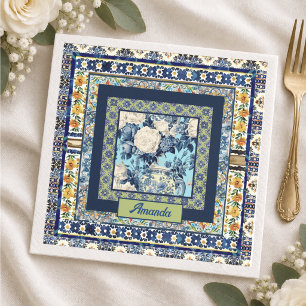 Serviette En Papier Élégante note de carreau floral bleu de chinoiseri
