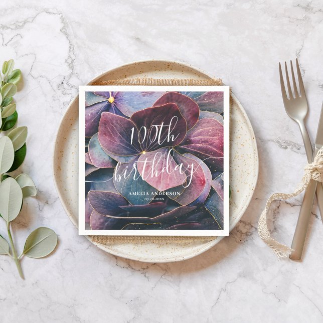 Serviette En Papier Elégante or violet bleu hydrangée 100e anniversair (Créateur téléchargé)