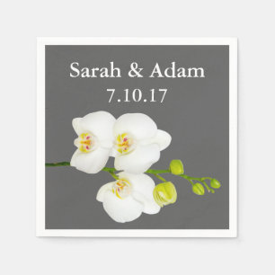 Serviette En Papier Elégante Orchidées Blanches et Mariage gris moyen
