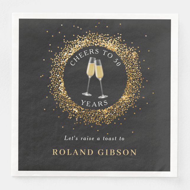 Serviette En Papier Elégante Parties scintillant Black & Gold Annivers (Devant)