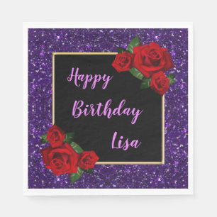Serviette En Papier Elégante Parties scintillant chic violet Roses rou