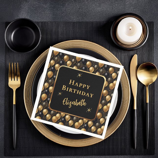 Serviette En Papier Elégante Parties scintillant d'or noir Ballons d'a (Elegant Black and Gold Faux Glitter Balloons Pattern A021 "Happy Birthday" [Name] Paper Napkins)