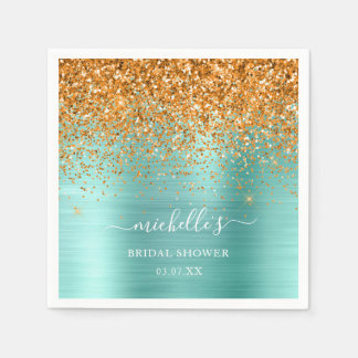 Serviette En Papier Élégante Parties scintillant d'or Turquoise Nom ét