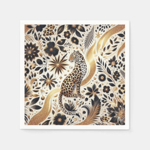 Serviette En Papier Élégante parties scintillant noir et or Leopard