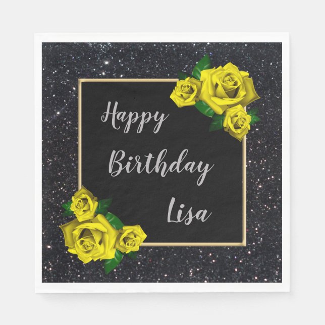 Serviette En Papier Elégante Parties scintillant noire chic Roses Jaun (Devant)