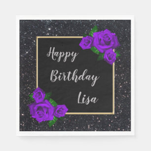 Serviette En Papier Elégante Parties scintillant noire violet Roses ch