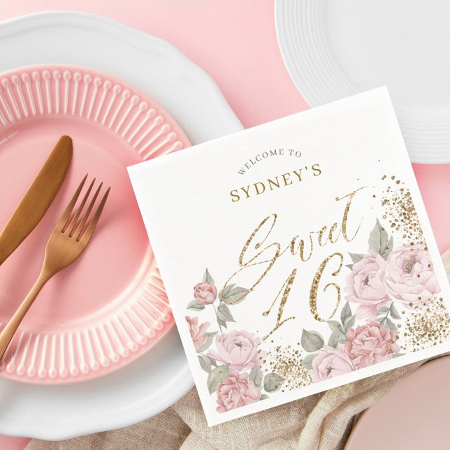 Serviette En Papier Elégante Parties scintillant Or Peony Florals Swee (Créateur téléchargé)