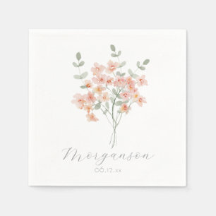 Serviette En Papier Elégante Pêche et aquarelle verte Florale
