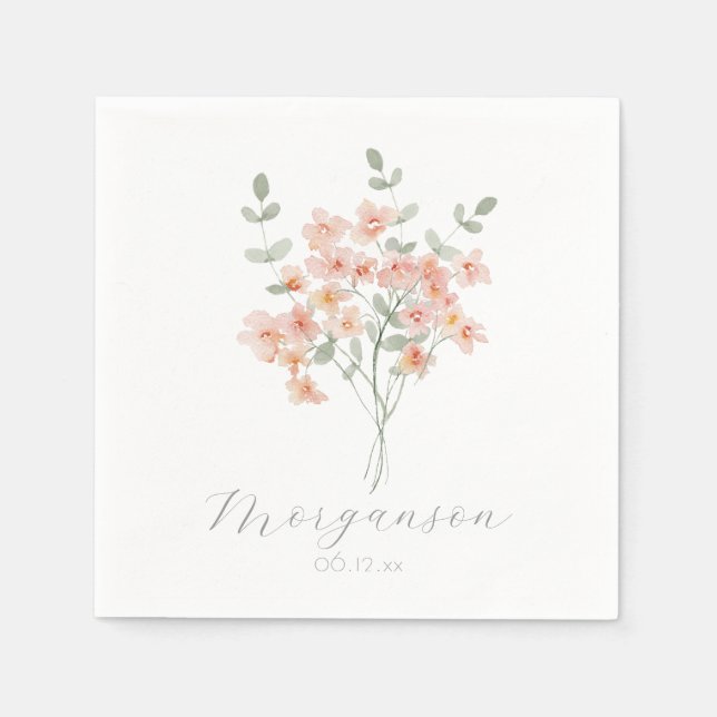 Serviette En Papier Elégante Pêche et aquarelle verte Florale (Devant)
