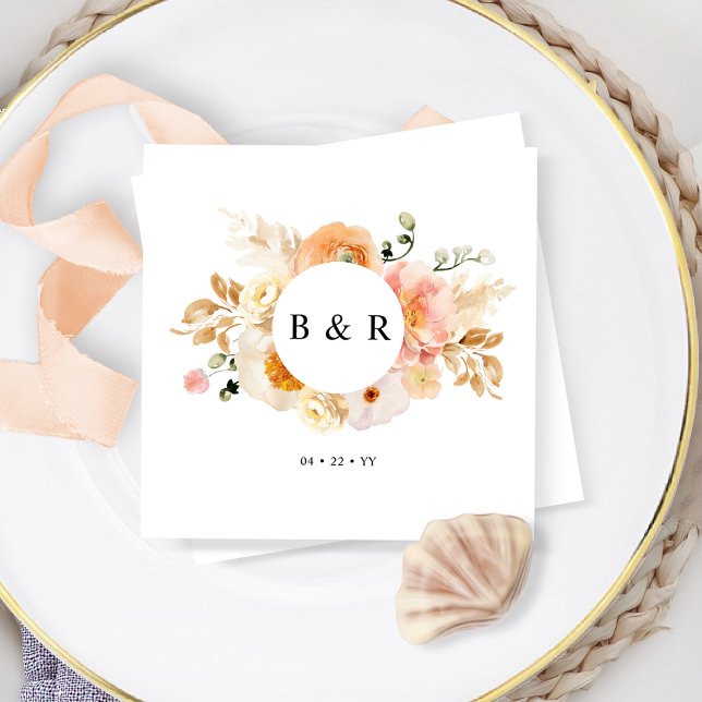 Serviette En Papier Elégante Pêche et crème Florale Mariage (Créateur téléchargé)